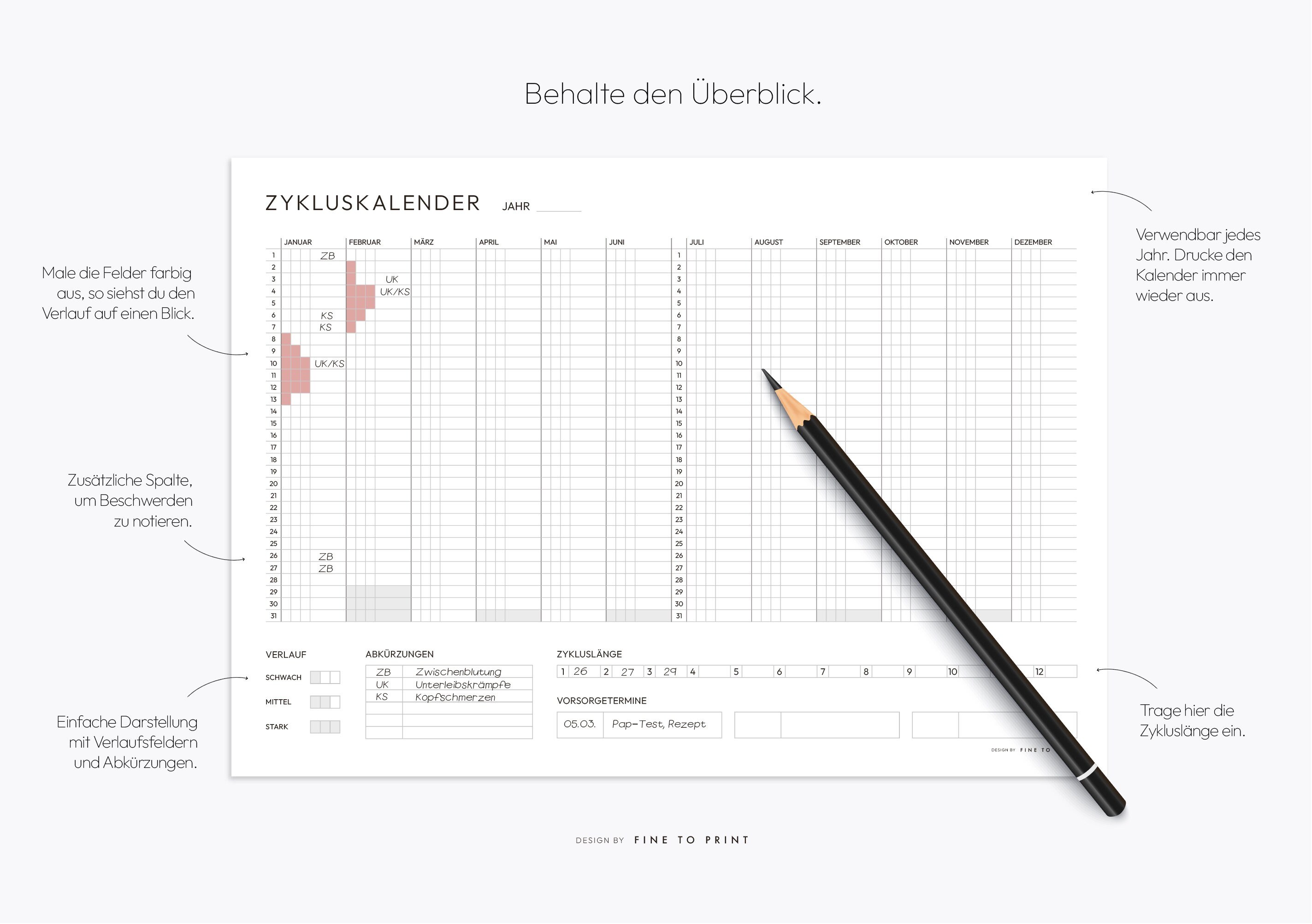 Menstruationskalender, Zykluskalender, Zyklusplan, Periode Kalender 