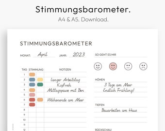 Mood Tracker, Printable, Monthly Mood Planner, Mood Tracker Chart, Instant Download PDF, A4, A5, German