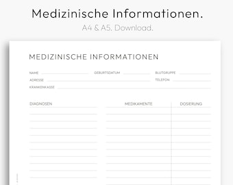 Medical Information, Medical History, Emergency Informations, Contacts, Prescriptions, Downloadable PDF, A4, A5, German