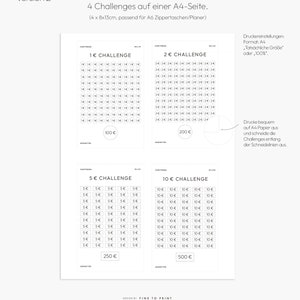 May include: A printable sheet with four different challenge grids. Each grid has a different value, 1 euro, 2 euros, 5 euros, and 10 euros. The grids are designed to be cut out and used for a game or activity. The text on the sheet reads "4 Challenges auf einer A4-Seite. (4 x 8x13cm, passend f&uuml;r A6 Zippertaschen/Planer)."  "Druckereinstellungen: Format: A4 Tats&auml;chliche Gr&ouml;&szlig;e oder 100%."  "Drucke bequem auf A4 Papier aus und schneide die Challenges entlang der Schneidelinien aus."