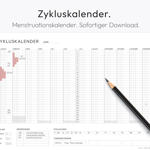 Menstruationskalender, Zykluskalender, Zyklusplan, Periode Kalender, Fruchtbare Tage, Zum Ausdrucken, Digital, Deutsch