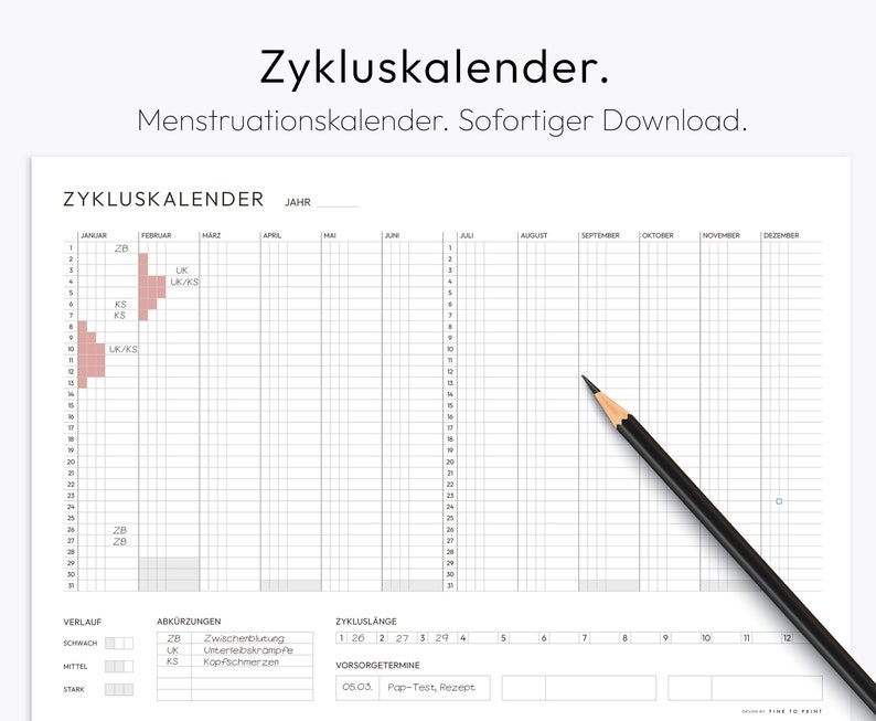 Puede incluir: Un calendario de ciclo menstrual imprimible con un esquema de color rosa y blanco. El calendario incluye una secci&oacute;n para el seguimiento de la duraci&oacute;n del ciclo, abreviaturas y una secci&oacute;n para notas. El calendario est&aacute; titulado "Zykluskalender" y "Menstruationskalender. Sofortiger Download."