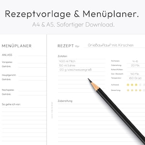 Rezeptvorlage, Menüplaner, Deutsch, Rezeptbuch, Rezepte zum Selberschreiben, Rezeptsammlung, DIY Rezeptplaner, A4, A5
