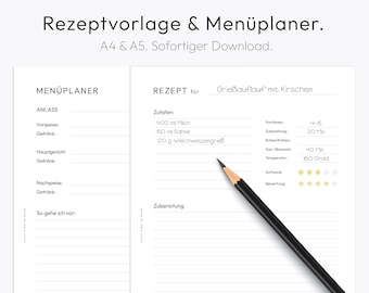 Recipe Template, Recipe Sheet, Recipe Book, Meal Planner, A4, A5 PDF, Download, German