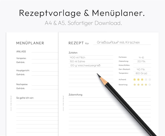 Recipe Template, Recipe Sheet, Recipe Book, Meal Planner, A4, A5 PDF, Download, German