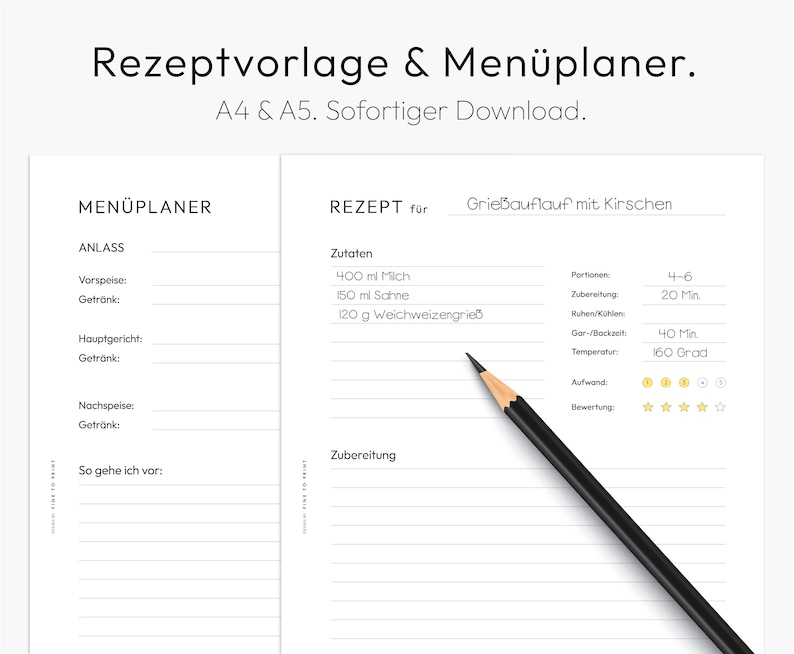 Recipe Template, Recipe Sheet, Recipe Book, Meal Planner, A4, A5 PDF, Download, German image 1