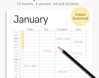 Puede incluir: Un calendario familiar de 2027 con una cuadrícula para cuatro personas, etiquetadas como Mom, Dad, Benjamin y Ellen. La página muestra enero con entradas escritas a mano como Dentist, Birthday y Cinema. Un lápiz negro descansa diagonalmente sobre el papel.