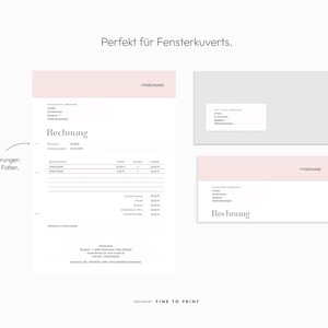 May include: A pink and white invoice template with the text "Rechnung" (German for invoice) and "Markierungen zum Falten" (German for "folding marks") on the left side. The template is designed for use with window envelopes.