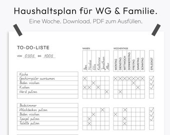Haushaltsplan, Putzplan Vorlage, Wöchentliche Aufgaben, WG, Familie, Zum Ausdrucken, Digital, Deutsch
