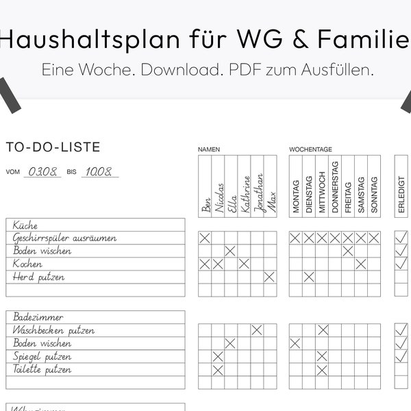 Haushaltsplan, Putzplan Vorlage, Wöchentliche Aufgaben, WG, Familie, Zum Ausdrucken, Digital, Deutsch