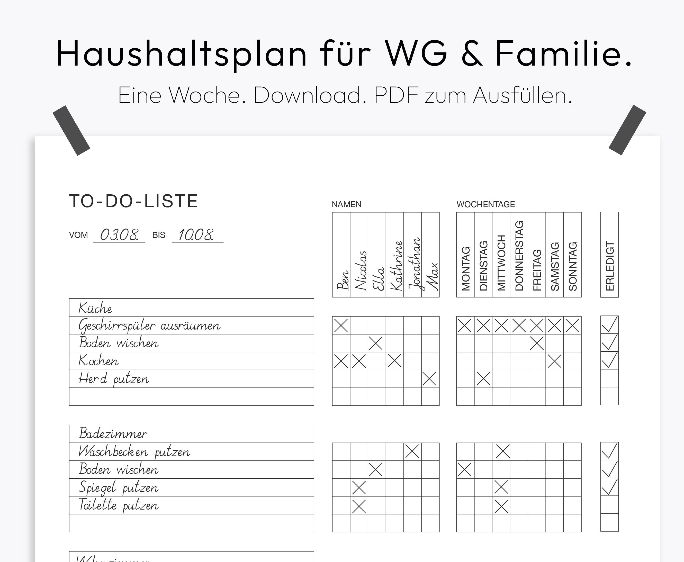 Haushaltsplan, Putzplan Vorlage, Wöchentliche Aufgaben, WG, Familie