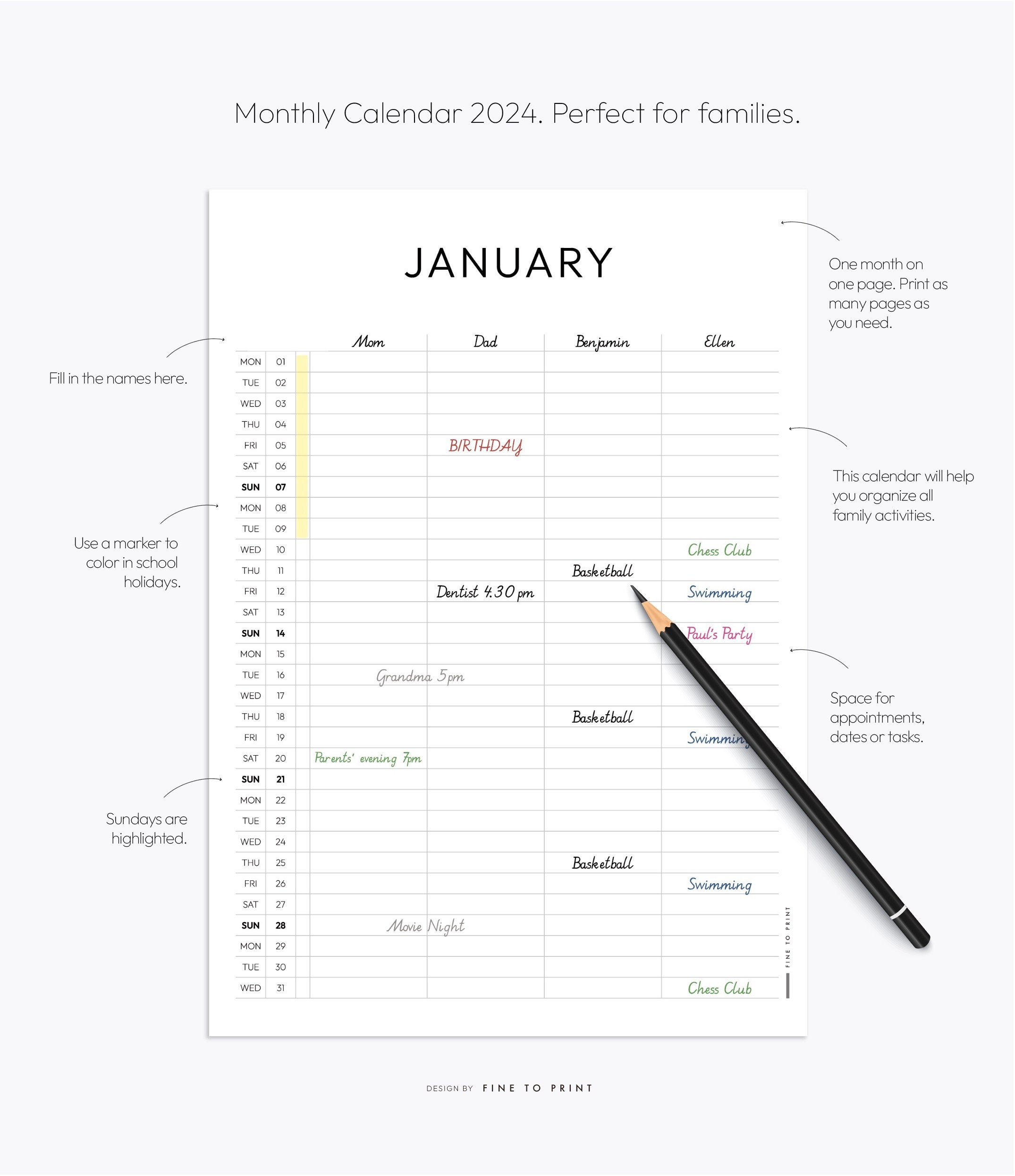 Family Calendar, Planner, 2024, Wall Calendar, Family Organization, Monthly Calendar, Download
