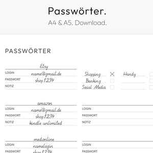Könnte beinhalten: Ein druckbares Passwort-Logbuch mit Abschnitten für Etsy, Amazon, med.online, Shopping, Banking, Social Media und Handy. Das Blatt enthält Felder für Login, Passwort und Notizen.