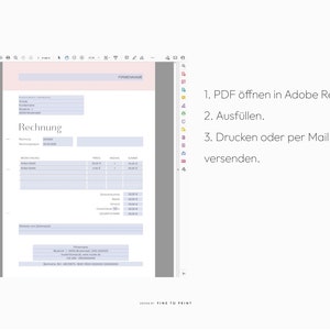 May include: A gray and white computer screen displaying a printable invoice template with the German word "Rechnung" (Invoice) at the top. The instructions below the invoice template read: "1. PDF &ouml;ffnen in Adobe Reader. 2. Ausf&uuml;llen. 3. Drucken oder per Mail versenden."