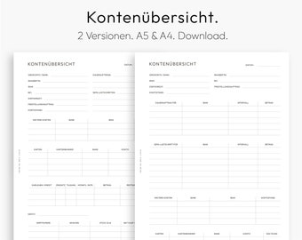 Account Summary, Payroll Account, Downloadable PDF, Printable, A4, A5, Template, Minimalist, German