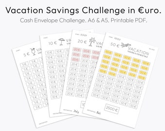 Vacation Savings Challenge, Savings Tracker, Cash Envelope Stuffing, Euro, Downloadable PDF, Printable, English