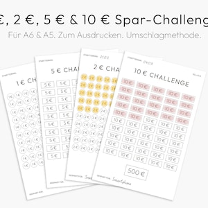 Può includere: Grafici stampabili per una sfida di risparmio. I grafici sono divisi in quattro sezioni: 1 euro, 2 euro, 5 euro e 10 euro. Ogni sezione ha una griglia di cerchi per tenere traccia dei risparmi. La sezione da 10 euro include anche un obiettivo di 500 euro.