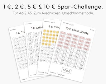 Spar Challenge, 10 Euro Challenge, 1 Euro, 2 Euro, 5 Euro, Umschlagmethode, Sinking Funds, zum Ausdrucken, PDF, Download, deutsch