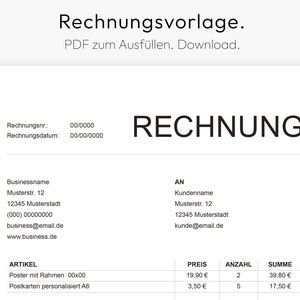 May include: A black and white invoice template with the word "RECHNUNG" in bold at the top. The template includes fields for invoice number, invoice date, business name, customer name, address, phone number, email address, website, article, price, quantity, and sum.