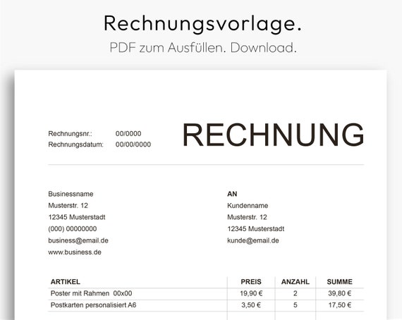Rechnungsvorlage, Rechnung Vorlage, PDF zum Download, einfache Rechnung, zum Ausdrucken, A4, Deutsch