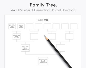 Family Tree Chart, 4 Generations, Download Pedigree Chart, Ancestral Chart, Family History, Genealogy Template, A4, Letter