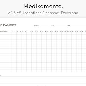 Medicatietracker, grafiek, maandelijkse medicatie-inname, downloadbare pdf, maandplan, A4, Duits