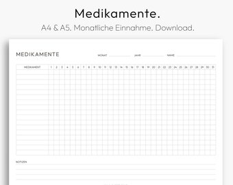 Medication Tracker, Chart, Monthly Medication Intake, Downloadable PDF, Monthly Plan, A4, German