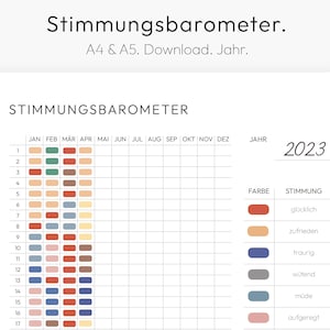 Könnte beinhalten: Ein Stimmungsbarometer mit einem Raster aus farbigen Quadraten für jeden Monat des Jahres. Die Tabelle ist mit "Stimmungsbarometer" und "2023" beschriftet. Die Farben stehen für verschiedene Stimmungen: Rot für glücklich, Orange für zufrieden, Blau für traurig, Grau für wütend, Hellblau für müde und Pink für aufgeregt.