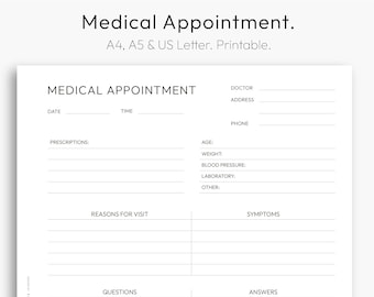 Medical Appointment, Doctor's Visit, Symptoms, Prescriptions, Downloadable PDF, A4, Letter