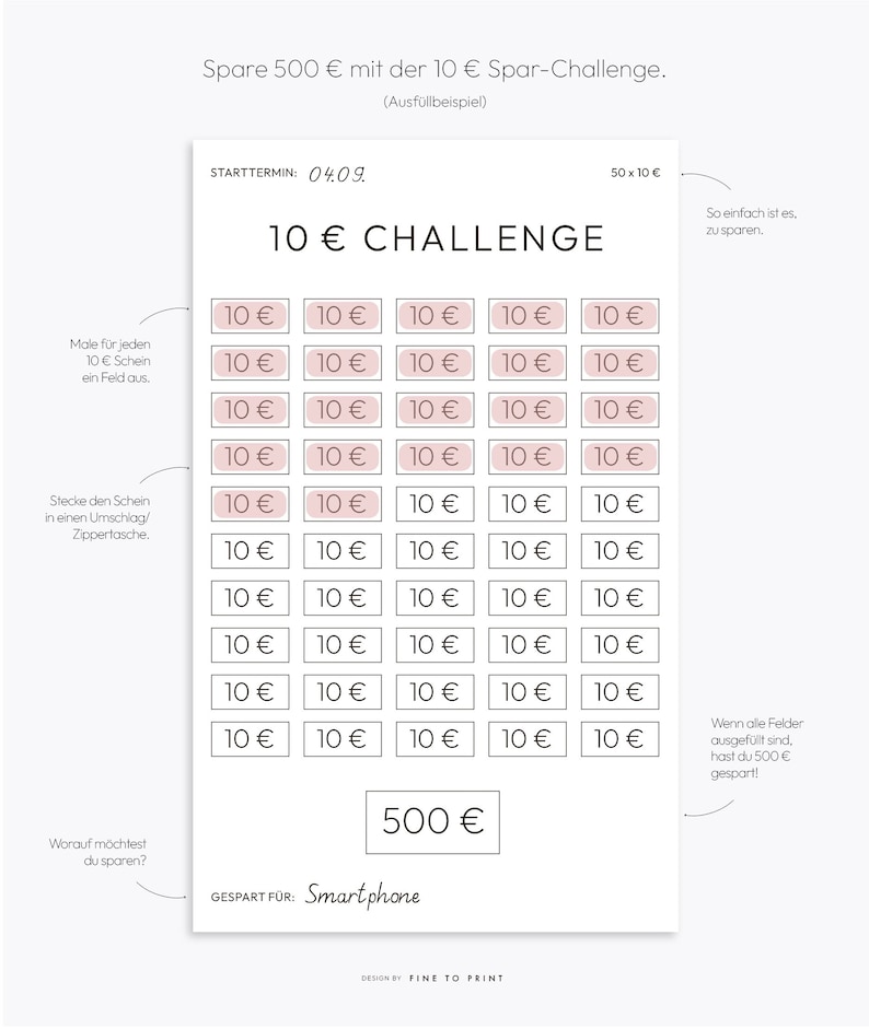May include: A pink and white printable chart with the title "10 &euro; CHALLENGE" and instructions for saving 500 euros. The chart has 50 boxes, each representing 10 euros. The goal is to fill all the boxes with 10 euro bills to reach the 500 euro goal. The chart also includes the text "GESPART F&Uuml;R: Smartphone".