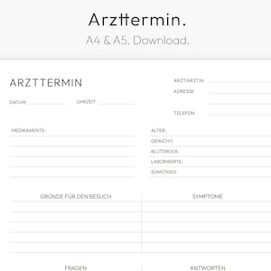 Medische afspraak, doktersbezoek, symptomen, recepten, downloadbare pdf, A4, A5, Duits