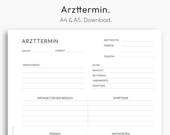 Medical Appointment, Doctor's Visit, Symptoms, Prescriptions, Downloadable PDF, A4, A5, German