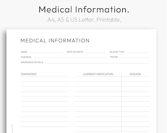 Medical Information, Medical History, Emergency Informations, Contacts, Prescriptions, Downloadable PDF, A4, A5, Letter