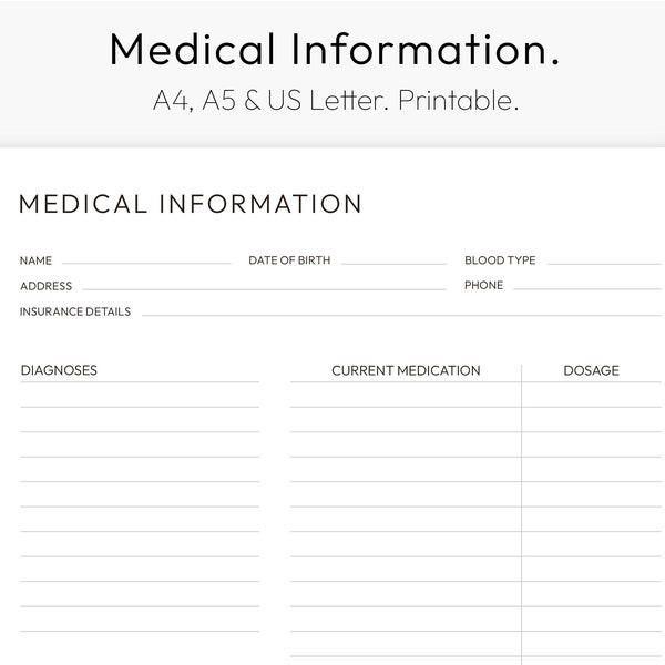 Informations médicales, Antécédents médicaux, Informations d'urgence, Contacts, Ordonnances, PDF téléchargeable, A4, A5, Lettre