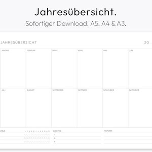 Könnte beinhalten: Ein druckbarer Jahreskalender-Planer in Schwarzweiß mit dem Titel "Jahresübersicht" und dem Text "Sofortiger Download. A5, A4 & A3." Der Kalender ist in 12 Monate unterteilt mit einem Bereich für Ziele, Notizen und wichtige Termine.