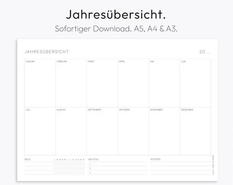 Yearly Planner, Undated, Yearly Overview, Downloadable PDF, Printable, A3, German