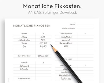 Monthly Fixed Costs, Downloadable PDF, Printable, A4, A5, Template, Minimalist, German