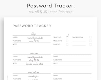 Passwörter Liste, Login Daten, E-Mail-Adresse, Password Tracker, Vorlage, Passwort, Tabelle, Merkliste, Download, PDF, A4