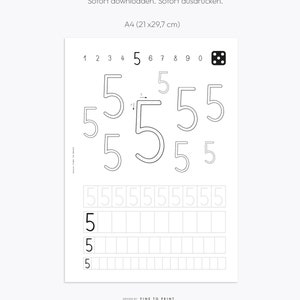 May include: A black and white printable worksheet for practicing writing the number 5. The worksheet includes a number line, examples of the number 5 written in different ways, and a section for practicing writing the number 5.