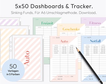 Budget Tracker, Sinking Funds, Deckblätter, Dashboards, Sheets, Zippertaschen, A6 Cash Binder, zum Ausdrucken, PDF, Download, deutsch