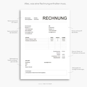 Puede incluir: Una plantilla de factura en blanco y negro con la palabra "RECHNUNG" en letras grandes y negritas. La plantilla incluye secciones para el n&uacute;mero de factura, la fecha, la informaci&oacute;n del cliente, los art&iacute;culos, los precios, las cantidades y los totales. Tambi&eacute;n incluye secciones para la informaci&oacute;n de pago y las notas.