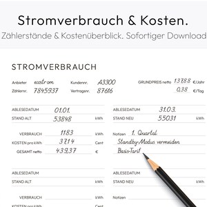 Könnte beinhalten: Ein schwarz-weißes Dokument mit dem Titel "Stromverbrauch & Kosten." Das Dokument zeigt eine Tabelle mit Informationen über den Stromverbrauch und die Kosten. Die Tabelle enthält Informationen über den Anbieter, die Kundennummer, die Vertragsnummer, das Ablesedatum, den Zählerstand, den Verbrauch, die Kosten pro Kilowattstunde und die Gesamtkosten. Das Dokument enthält auch Hinweise auf das erste Quartal und den Standby-Modus.
