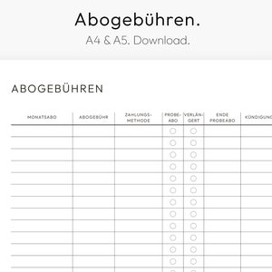 Op de afbeelding: Een zwart-witte printbare abonnementstracker met de titel "Abogebühren" en de tekst "Monatsabo", "Abogebühr", "Zahlungs-Methode", "Probe-Abo", "Verlán-Gert", "Ende Probeabo" en "Kündigung".