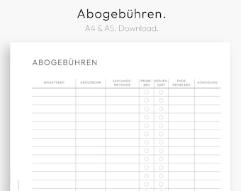 Subscription Tracker, Monthly Subscriptions, Yearly Subscriptions, Expense Chart, Printable, Instant Download PDF, A4, A5, German