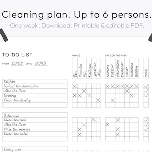 May include: A printable cleaning schedule for up to six people. The schedule includes a to-do list with tasks for the kitchen, bathroom, and living area. The schedule also includes a grid for assigning tasks to different people for each day of the week. The dates are from 03/08 until 03/15.