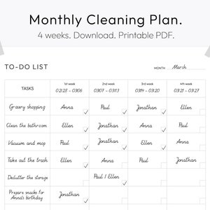 May include: A printable monthly cleaning plan checklist with a list of tasks, dates, and names. The tasks include grocery shopping, cleaning the bathroom, vacuuming and mopping, taking out the trash, decluttering the storage, and preparing snacks for Anna's birthday.