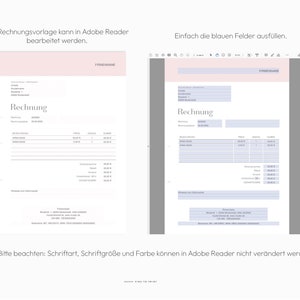May include: A blank invoice template with the text "Rechnung" (German for invoice) in the header. The template is designed to be filled out in Adobe Reader. The text "Bitte beachten: Schriftart, Schriftgr&ouml;&szlig;e und Farbe k&ouml;nnen in Adobe Reader nicht ver&auml;ndert werden." (Please note: Font, font size and color cannot be changed in Adobe Reader) is at the bottom of the template.