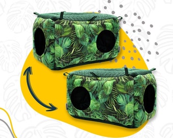 May include: Two green and black hanging pet beds with tropical leaf print and two round openings. The beds are labeled "LEFT" and "RIGHT" with arrows indicating direction.