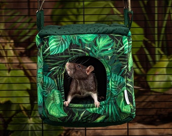 May include: A green hanging hammock with a tropical leaf print, designed for small pets. A rat is peeking out of the opening of the hammock.
