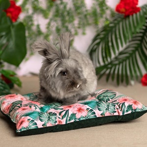 Oreiller de nuit réversible en velours pour lapin - Lit douillet pour lapins, cochons d&#39;Inde, furets | Lit souple avec motif hibiscus | Fournitures pour animaux de compagnie